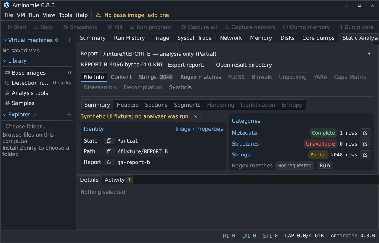 Static Analysis in a narrow window: the Report dropdown on /fixture/REPORT B — analysis only (Partial), the tab row wrapped onto two lines with Disassembly and Decompilation greyed, and the Summary with the Identity card beside the Categories card (Metadata Complete, Structures Unavailable, Strings Partial, Regex matches Not requested with Run).