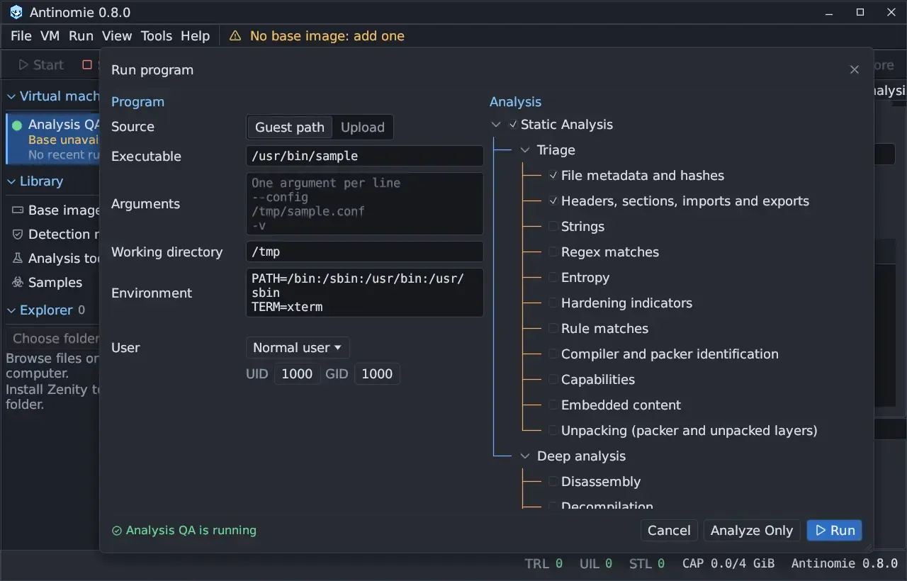 The Run program dialog with the Analysis tree open: Static Analysis ticked, Triage with File metadata and hashes and Headers, sections, imports and exports ticked, and Strings, Regex matches, Entropy, Hardening indicators, Rule matches, Compiler and packer identification, Capabilities, Embedded content and Unpacking (packer and unpacked layers) unticked; Deep analysis with Disassembly and Decompilation; Cancel, Analyze Only and Run at the bottom.