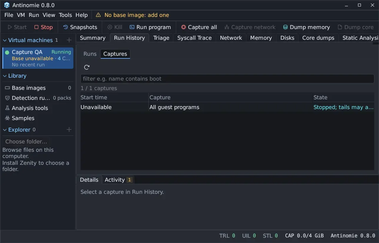Run History on the Captures tab of a running VM with Capture all lit on the toolbar: 1 / 1 captures, one row All guest programs with the state Stopped; tails may a…, and Details asking to select a capture.