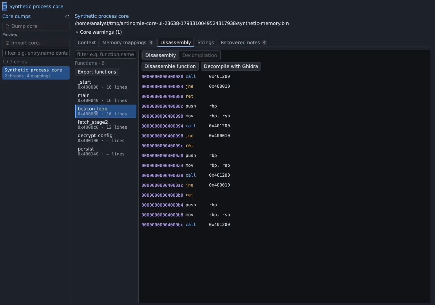 The Disassembly tab: a function filter, Functions · 6 with Export functions, and the function list _start, main and beacon_loop at 16 lines each, fetch_stage2 at 12 lines, and decrypt_config and persist at – lines; the Disassembly / Decompilation switch with Decompilation greyed, Disassemble function and Decompile with Ghidra buttons, and the listing of beacon_loop.