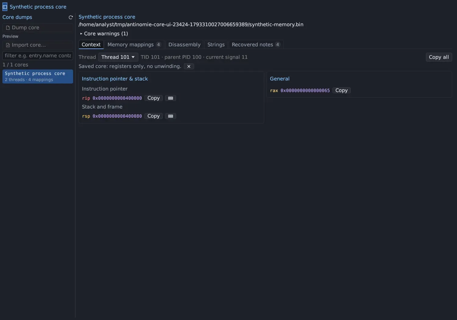 A process core on the Context tab: the thread selector at Thread 101 with TID 101 · parent PID 100 · current signal 11 and Copy all; the note Saved core: registers only, no unwinding; and two cards, Instruction pointer & stack with rip and rsp, and General with rax, each with Copy and a memory button.