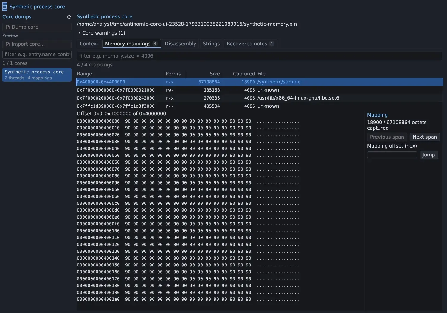 A core's Memory mappings tab: four mappings with Range, Perms, Size, Captured and File, the first one 67108864 bytes in size with 18900 captured, and its hex view with Previous span and Next span.