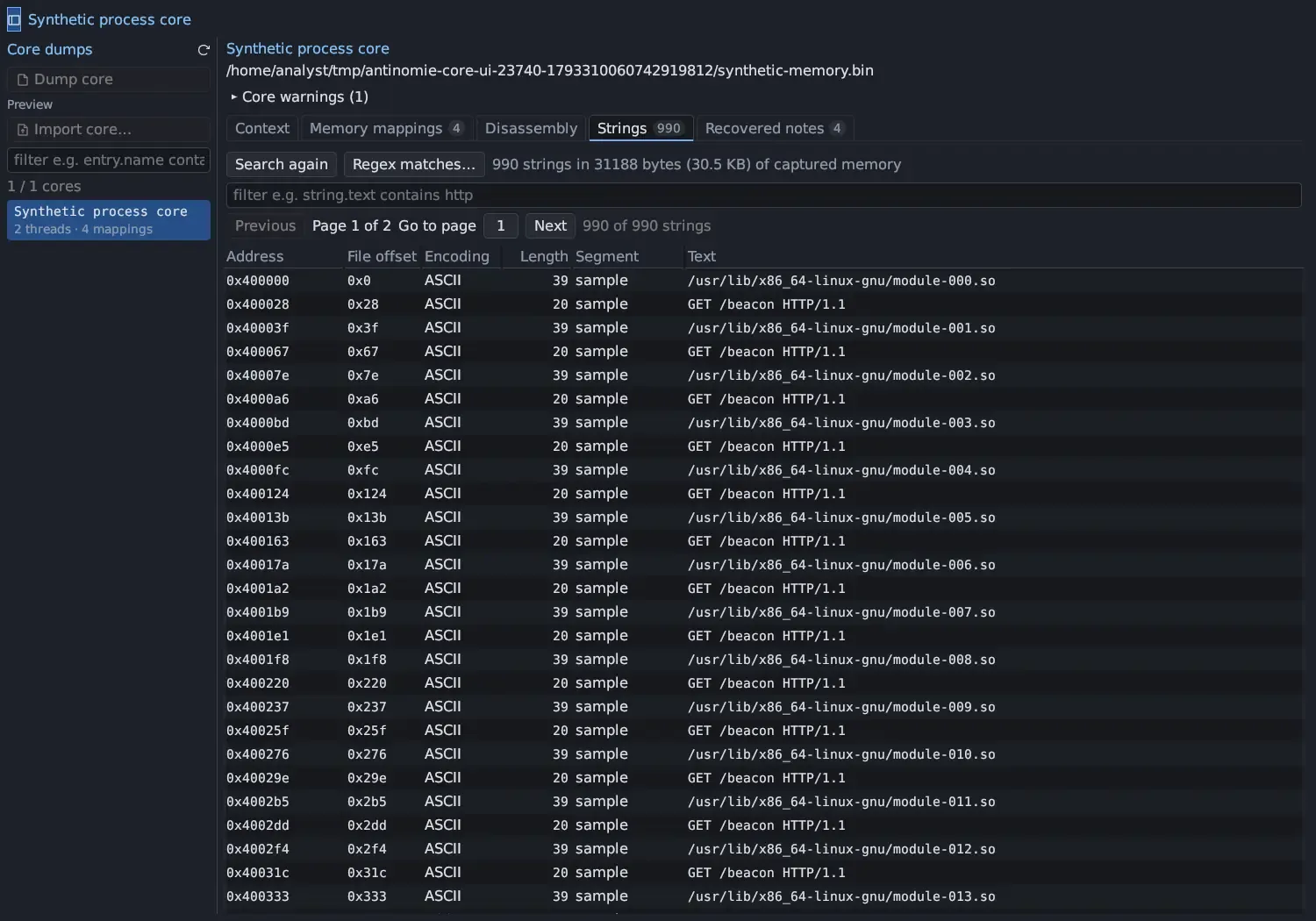 The Strings tab with 990 strings: Search again and Regex matches… buttons, the line 990 strings in 31188 bytes (30.5 KB) of captured memory, a filter box, Previous, Page 1 of 2, a Go to page field and Next; a table with Address, File offset, Encoding, Length, Segment and Text listing module paths and GET /beacon HTTP/1.1 lines.