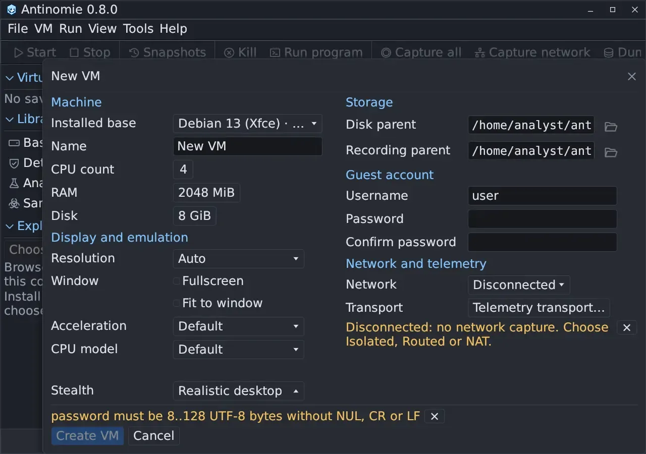 The New VM dialog for a Debian 13 (Xfce) base: Machine section with installed base, name, CPU count 4, RAM 2048 MiB and disk 8 GiB; Display and emulation with resolution, window, acceleration and CPU model; Stealth set to Realistic desktop; Storage with disk and recording parents; Guest account with username and password fields; Network and telemetry with Network set to Disconnected and a warning that a disconnected VM has no network capture; Create VM and Cancel at the bottom.