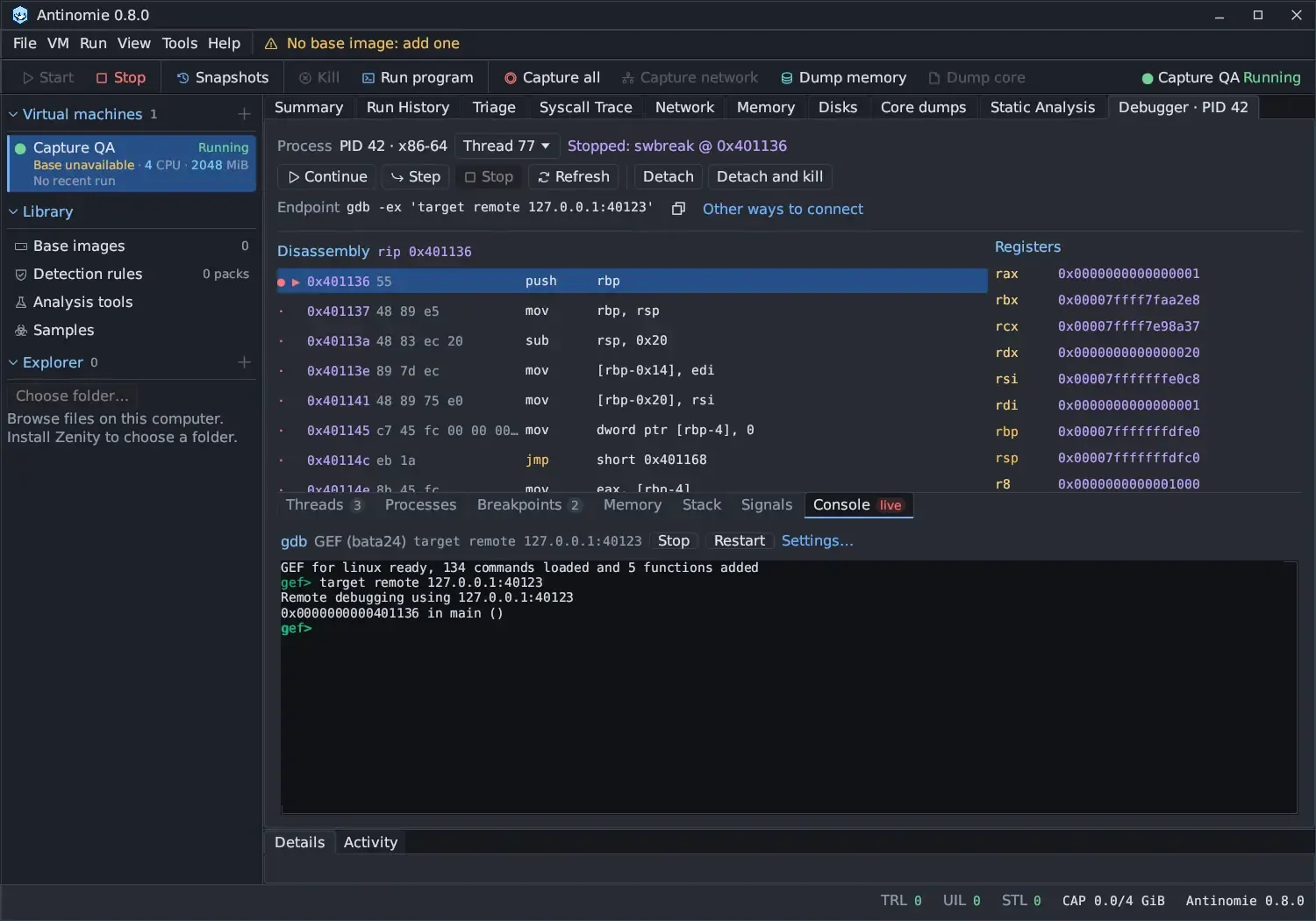 The Debugger tab with the Console pane open and marked live: gdb GEF (bata24) target remote 127.0.0.1:40123 with Stop, Restart and Settings…, and a terminal showing GEF for linux ready, the target remote command, Remote debugging using 127.0.0.1:40123 and 0x0000000000401136 in main ().