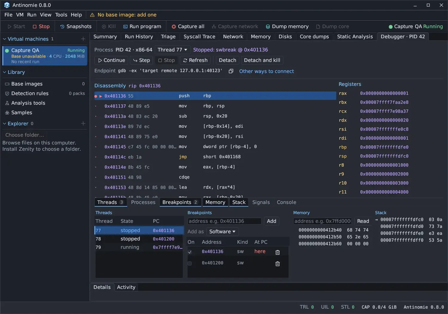 The Debugger · PID 42 tab beside Static Analysis: Process PID 42 · x86-64, Thread 77 and the status Stopped: swbreak @ 0x401136; Continue, Step, a greyed Stop, Refresh, Detach and Detach and kill; the Endpoint gdb -ex 'target remote 127.0.0.1:40123' with a copy button and Other ways to connect; the disassembly at rip 0x401136 with a breakpoint dot and an arrow on push rbp; Registers rax to r11 beside it; and the Threads, Breakpoints, Memory and Stack panes open below, with threads 77 and 78 stopped and 79 running, two software breakpoints, Add as Software, and hex rows of memory and stack.