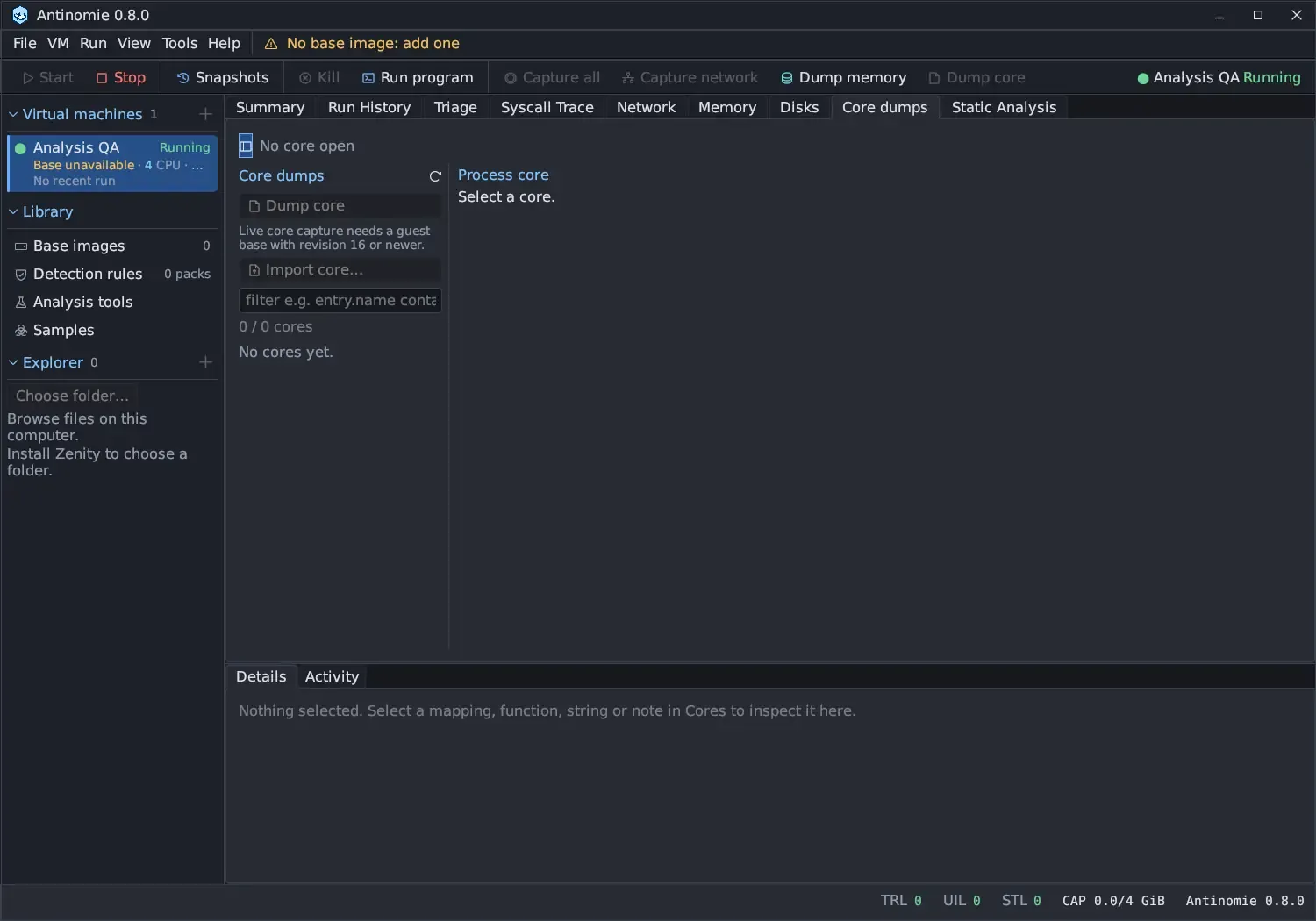 The Core dumps panel with no core open: Core dumps with a greyed Dump core button and the note Live core capture needs a guest base with revision 16 or newer, Import core…, a filter, 0 / 0 cores and No cores yet.; the right side says Process core, Select a core.
