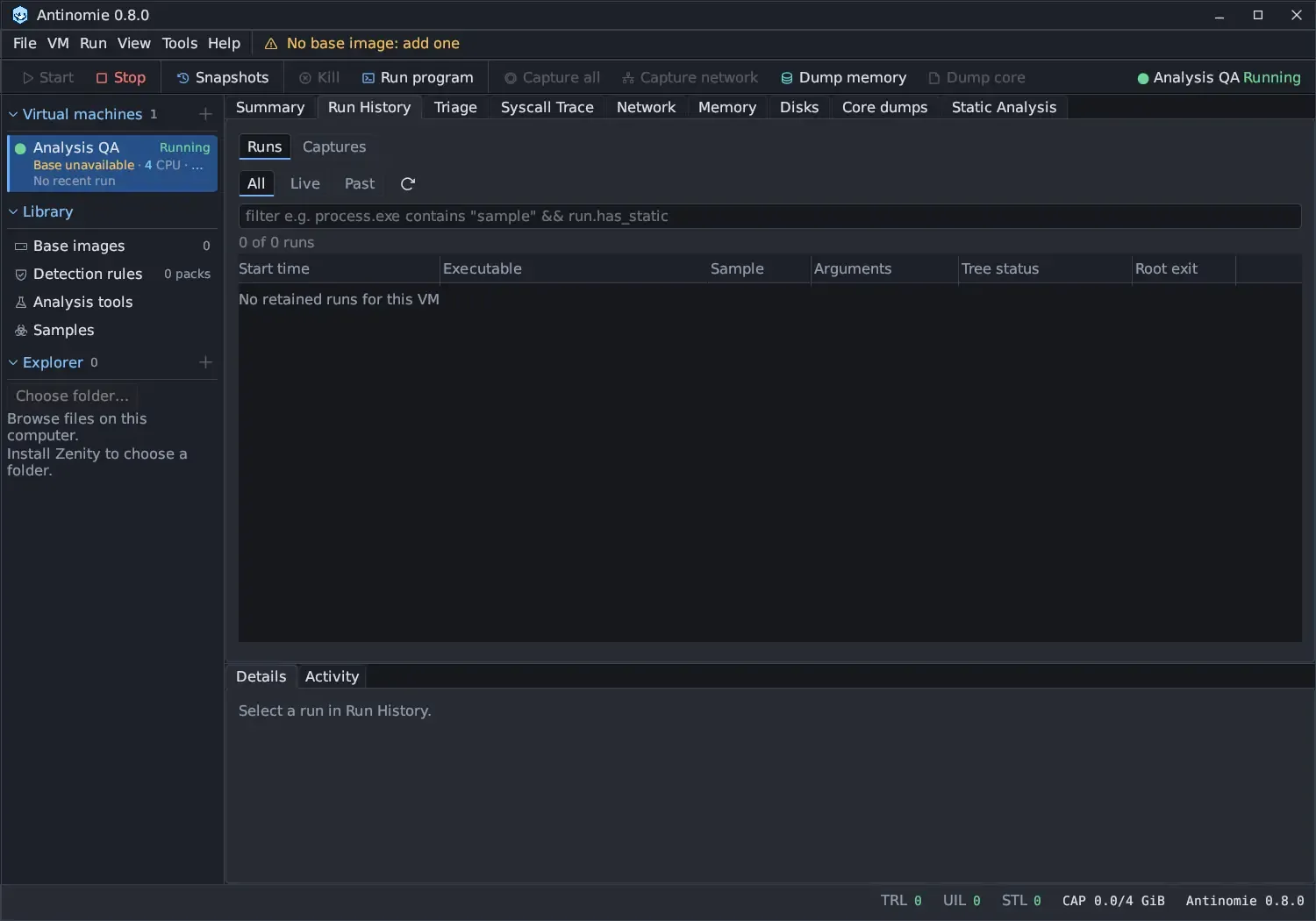 Run History of a running VM with no runs yet: 0 of 0 runs and the line No retained runs for this VM; Details says Select a run in Run History.