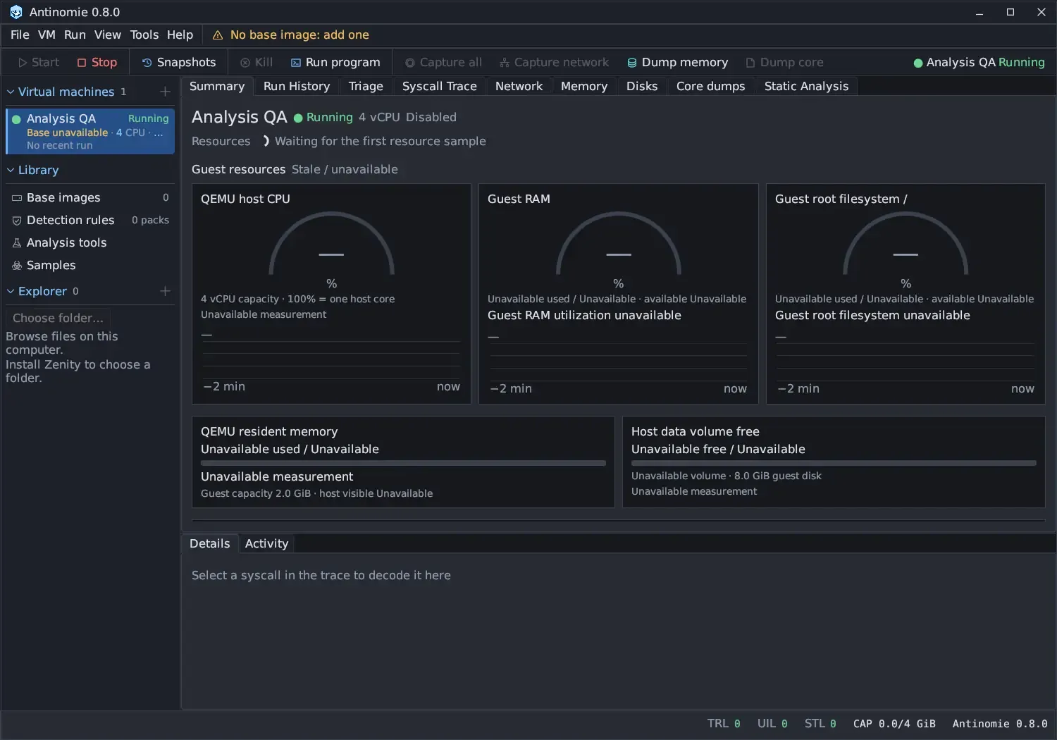 The Summary of a running VM that has not reported yet: Resources says Waiting for the first resource sample, Guest resources Stale / unavailable, and every gauge and card reads Unavailable.