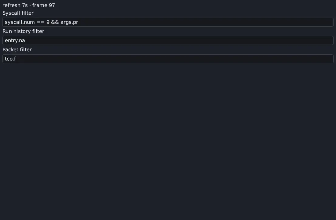 Three filter boxes with half-typed expressions: Syscall filter with syscall.num == 9 && args.pr, Run history filter with entry.na, and Packet filter with tcp.f.