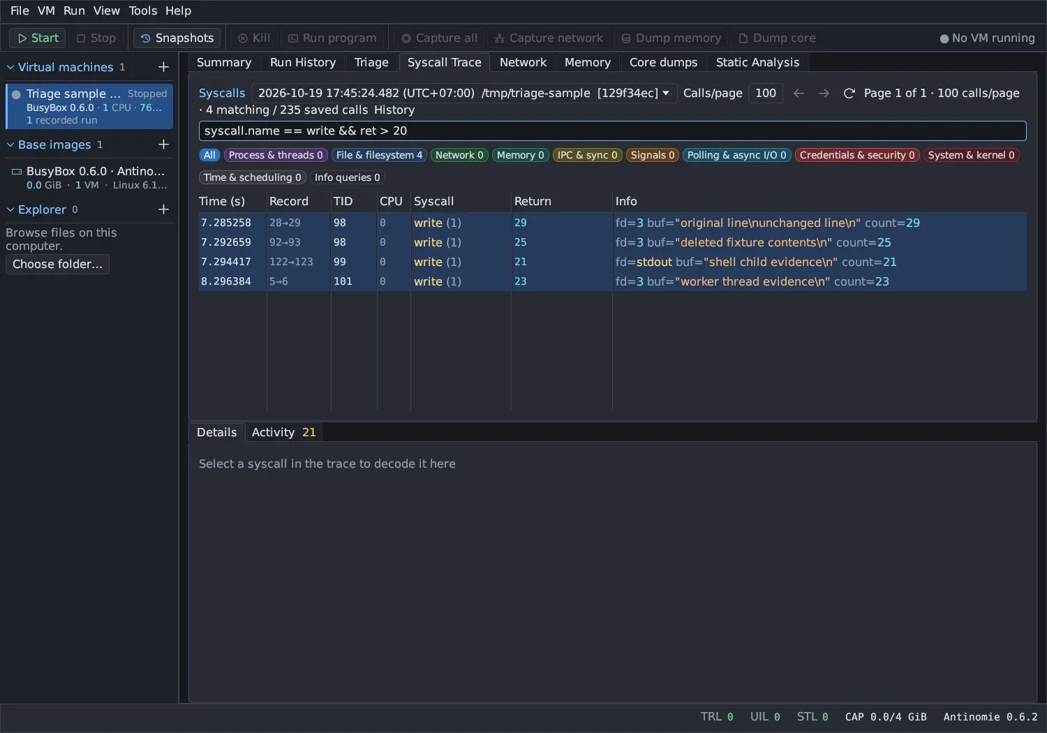 Syscall Trace with the filter syscall.name == write && ret > 20: 4 matching / 235 saved calls, and four write calls whose Info shows the quoted buffers original line\nunchanged line\n, deleted fixture contents\n, shell child evidence\n and worker thread evidence\n.