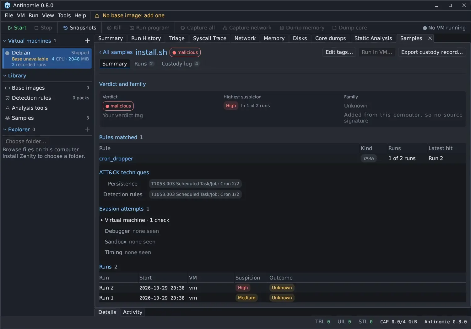The sample window for install.sh, verdict malicious, on its Summary tab: Verdict and family with the malicious verdict tag, Highest suspicion High in 1 of 2 runs, and Family Unknown, added from this computer so no source signature; Rules matched with the YARA rule cron_dropper in 1 of 2 runs, latest hit Run 2; ATT&CK techniques T1053.003 Scheduled Task/Job: Cron under Persistence and Detection rules; Evasion attempts with one Virtual machine check and none seen for Debugger, Sandbox and Timing; and a Runs table with Run 2 High and Run 1 Medium.