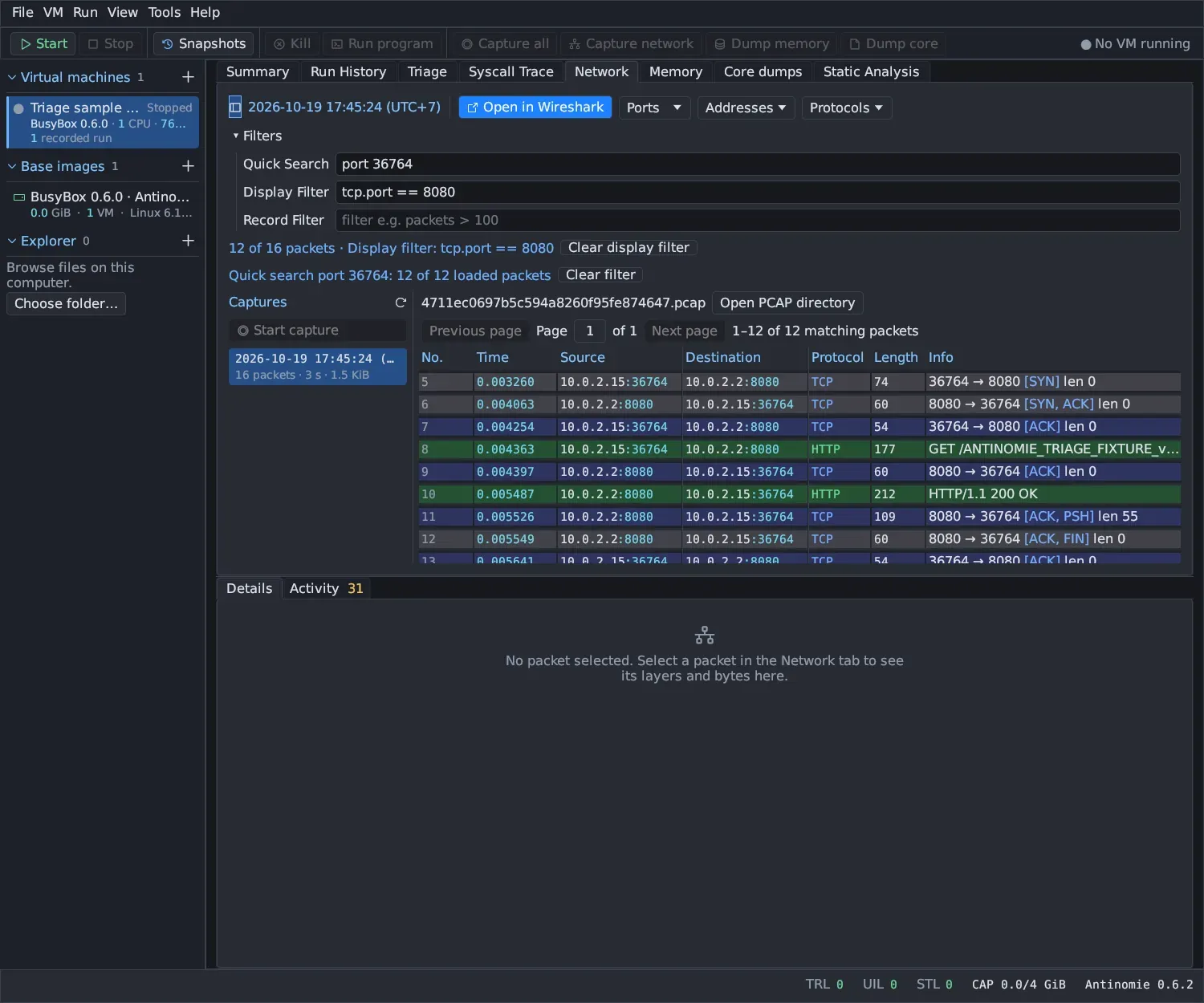 The Network panel with Quick Search set to port 36764 and Display Filter set to tcp.port == 8080. Status lines read 12 of 16 packets · Display filter: tcp.port == 8080 with a Clear display filter button, and Quick search port 36764: 12 of 12 loaded packets with a Clear filter button. The packet table shows TCP and HTTP frames between 10.0.2.15:36764 and 10.0.2.2:8080.