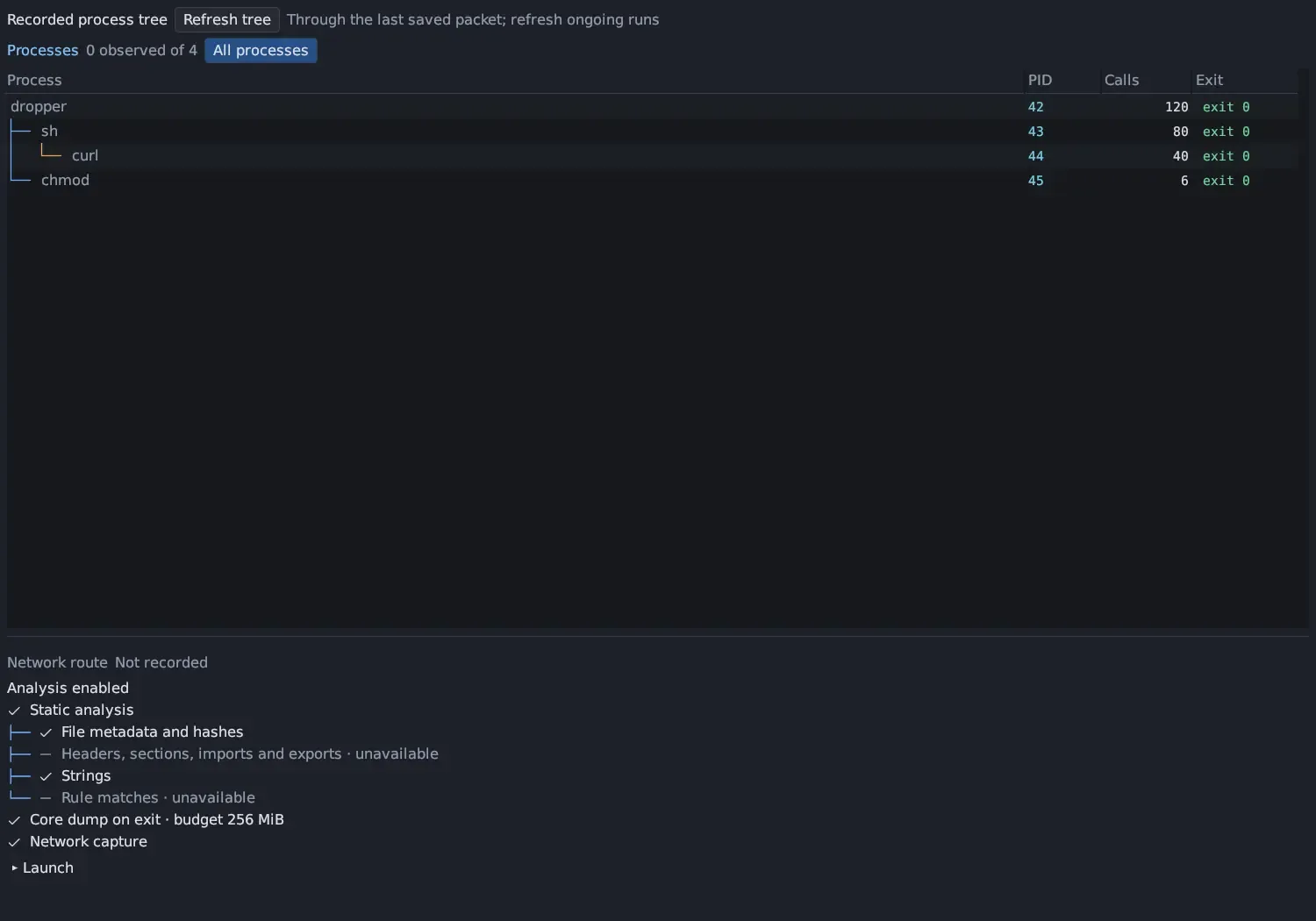 Run details in the Details panel: the recorded process tree of dropper with sh, curl and chmod, Network route Not recorded, Analysis enabled as a tree with Static analysis and its checks, Core dump on exit with budget 256 MiB and Network capture, and a folded Launch section.