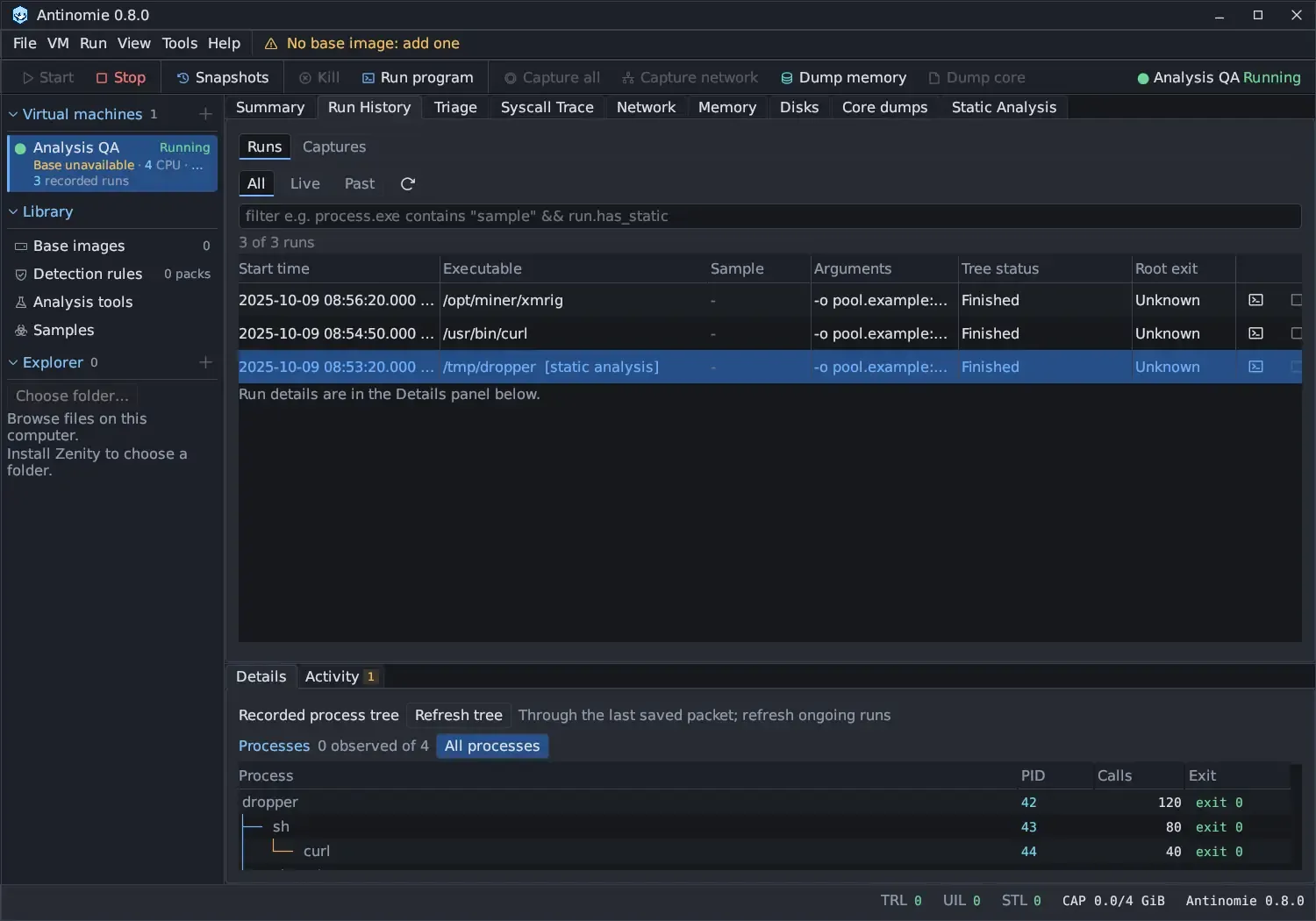 Run History with the filter box showing the placeholder filter e.g. process.exe contains "sample" && run.has_static, the count 3 of 3 runs, and three runs with their Start time, Executable, Sample, Arguments, Tree status and Root exit.