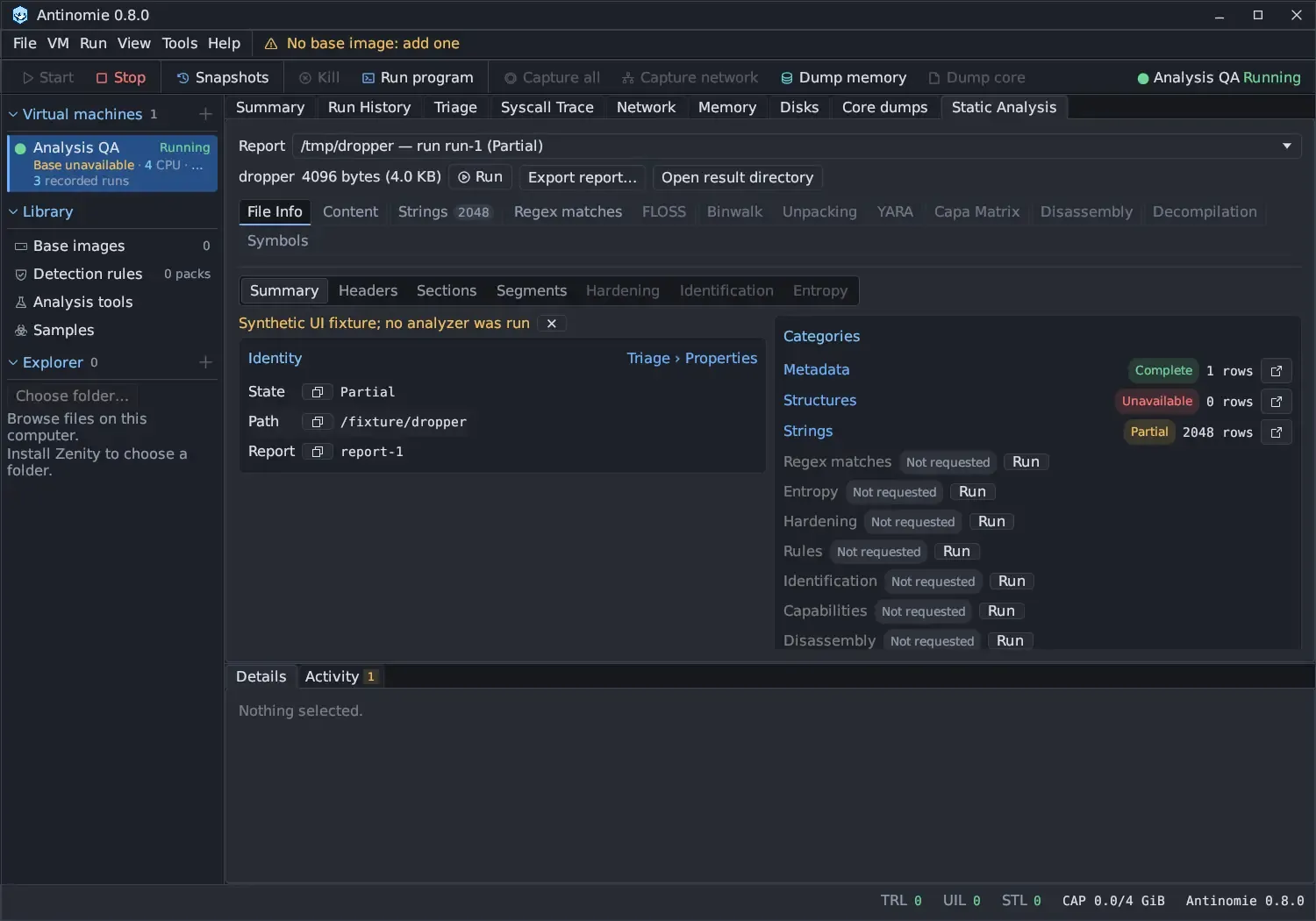 Static Analysis of /tmp/dropper — run run-1 (Partial): the Report dropdown, dropper 4096 bytes (4.0 KB) with Run, Export report… and Open result directory; the tabs File Info, Content, Strings 2048, Regex matches, FLOSS, Binwalk, Unpacking, YARA, Capa Matrix, Disassembly, Decompilation and Symbols; on File Info › Summary the Identity card (State Partial, Path, Report, with a Triage › Properties link) and the Categories card with Metadata Complete, Structures Unavailable, Strings Partial 2048 rows, and the other categories Not requested with a Run button each.