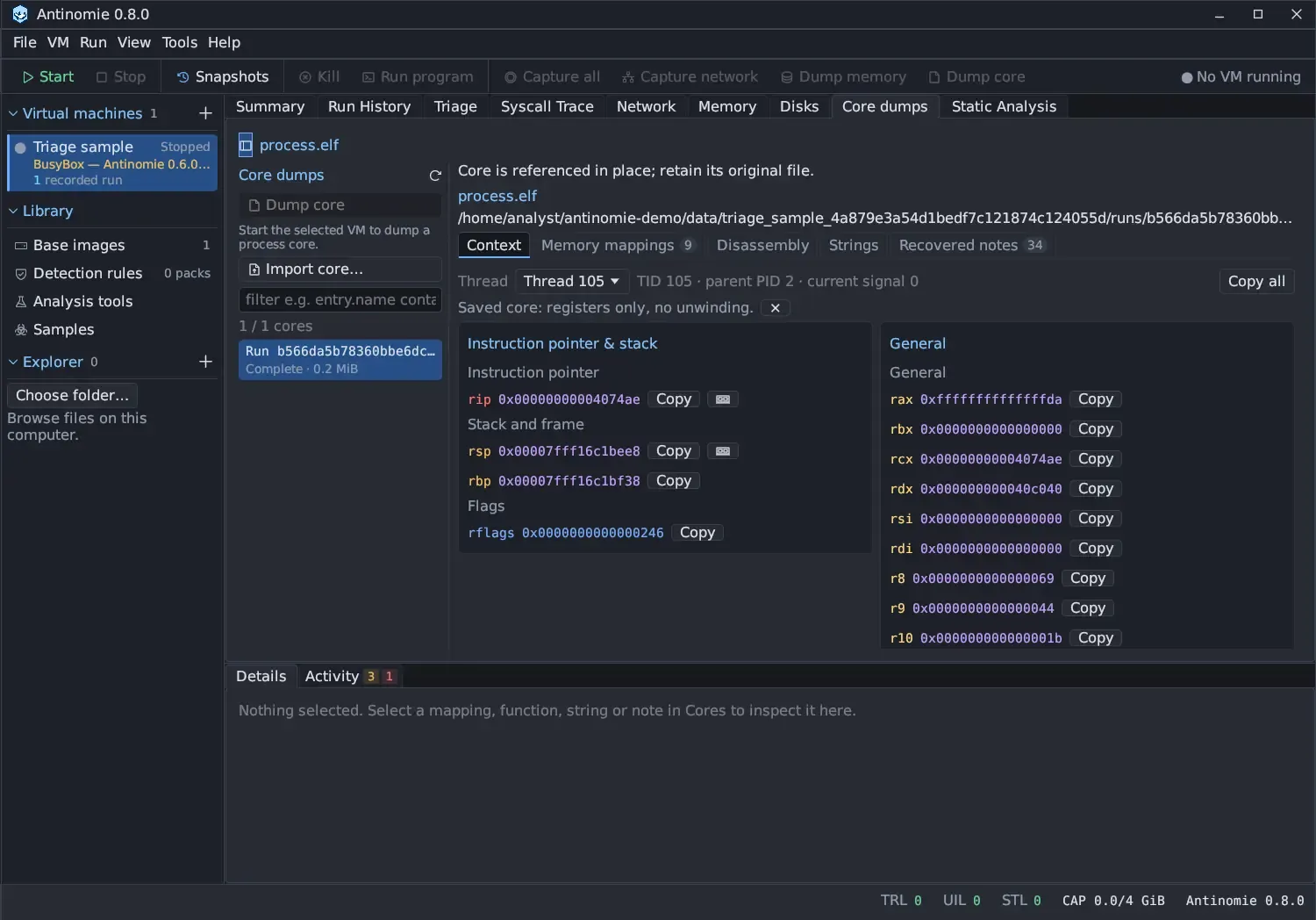 The Core dumps panel with a real run's core open, Complete · 0.2 MiB: the Context tab with Thread 105, the note Saved core: registers only, no unwinding, and the Instruction pointer & stack and General register cards.