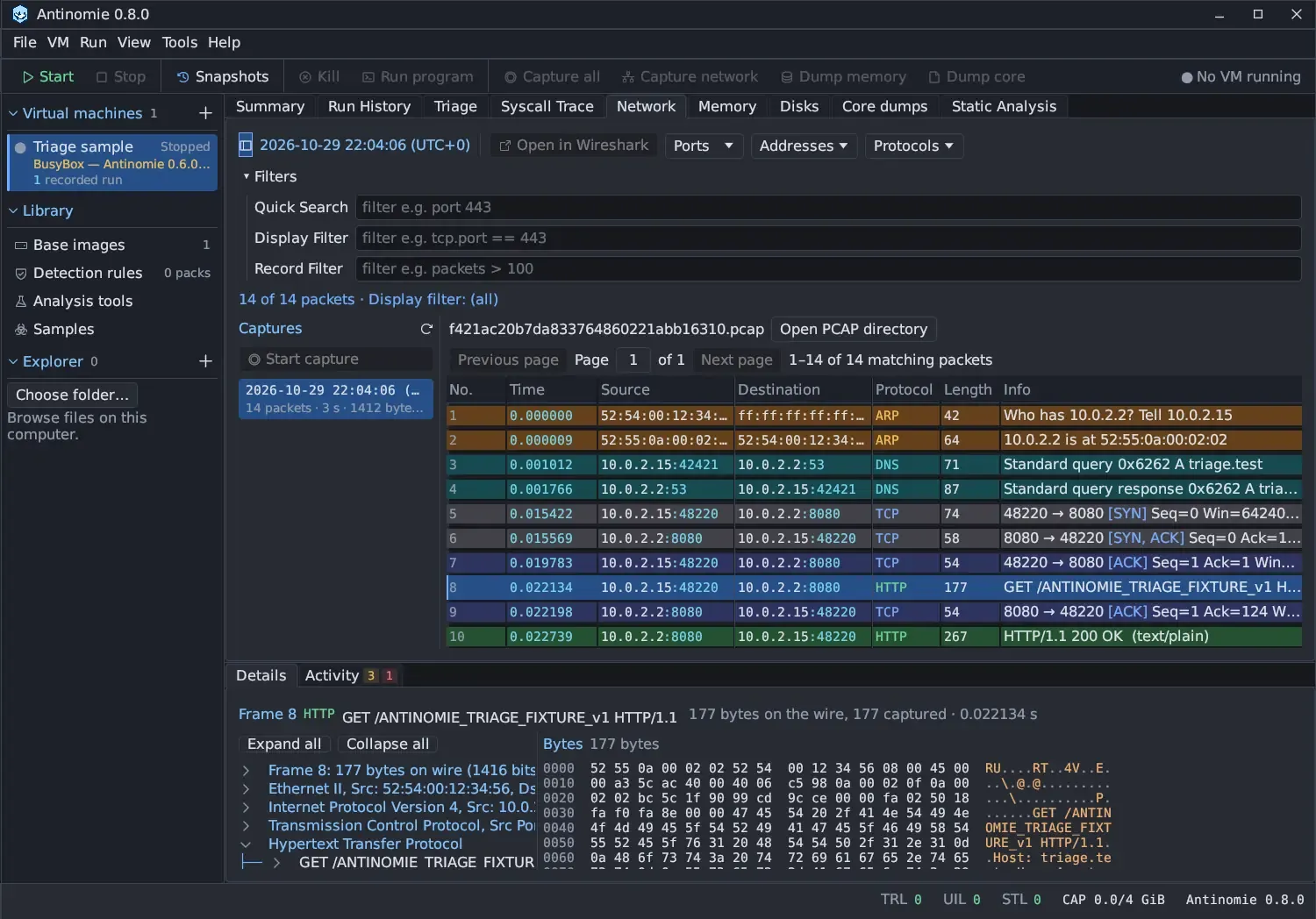 The Network panel with frame 8, an HTTP GET, selected. Details below show Frame 8 HTTP GET /ANTINOMIE_TRIAGE_FIXTURE_v1 HTTP/1.1, 177 bytes on the wire and 177 captured, Expand all and Collapse all, TShark's tree on the left with Frame, Ethernet II, Internet Protocol Version 4, Transmission Control Protocol and an expanded Hypertext Transfer Protocol line, and on the right the frame's 177 bytes as a hex and ASCII dump.