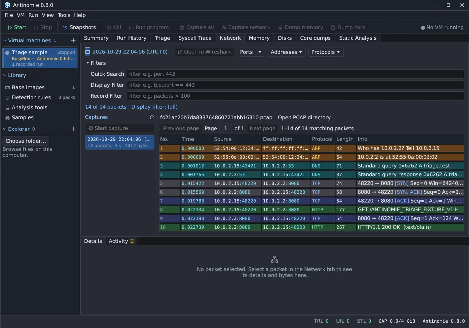 The Network panel with a run's capture selected in the Captures list on the left (14 packets, 3 seconds, 1412 bytes). The header has the capture's start time, a greyed Open in Wireshark button, and the Ports, Addresses and Protocols dropdowns; below are the Filters section with Quick Search, Display Filter and Record Filter, the line 14 of 14 packets, the pcap file name with Open PCAP directory, page controls, and the packet table with ARP, DNS, TCP and HTTP rows between 10.0.2.15 and 10.0.2.2, coloured by protocol. Details below says No packet selected.