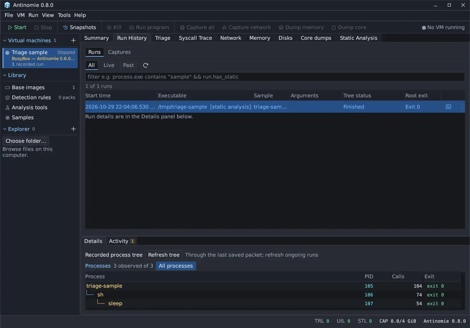 Run History of a real run of /tmp/triage-sample with its process tree in Details; right-clicking a run offers Open result directory, which opens this folder.