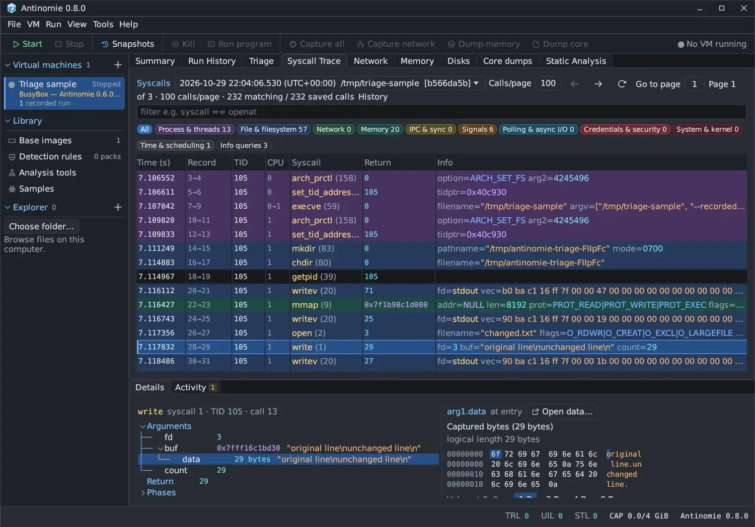 Syscall Trace of a recorded run: 232 saved calls with category chips and rows, the write call selected, and in Details its decoded fd, buf and count with the 29 captured bytes shown as text and hex.