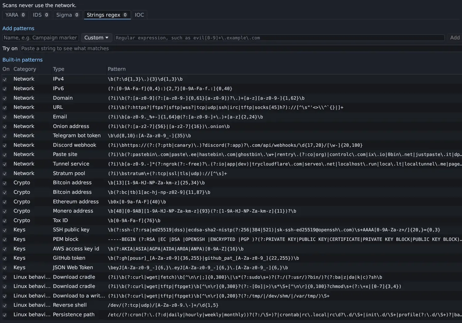 The Strings regex tab: Add patterns with a Name field (e.g. Campaign marker), a category menu set to Custom, a regular-expression field (such as evil[0-9]+\.example\.com) and Add; a Try on field to paste a string; and Built-in patterns with an On checkbox, Category, Type and Pattern for Network (IPv4, IPv6, Domain, URL, Email, Onion address, Telegram bot token, Discord webhook, Paste site, Tunnel service, Stratum pool), Crypto (Bitcoin, Ethereum and Monero addresses, Tox ID), Keys (SSH public key, PEM block, AWS access key id, GitHub token, JSON Web Token) and Linux behaviour (Download cradle, Download to a writable directory, Reverse shell, Persistence path).