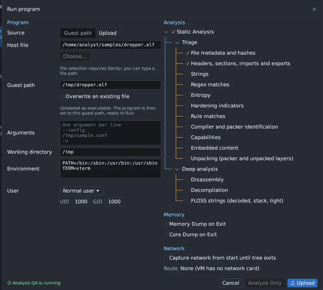 The Run program window with the Upload source: Host file /home/analyst/samples/dropper.elf, Guest path /tmp/dropper.elf, Overwrite an existing file, arguments, working directory, environment and user, the Analysis tree at the right, and an Upload button.