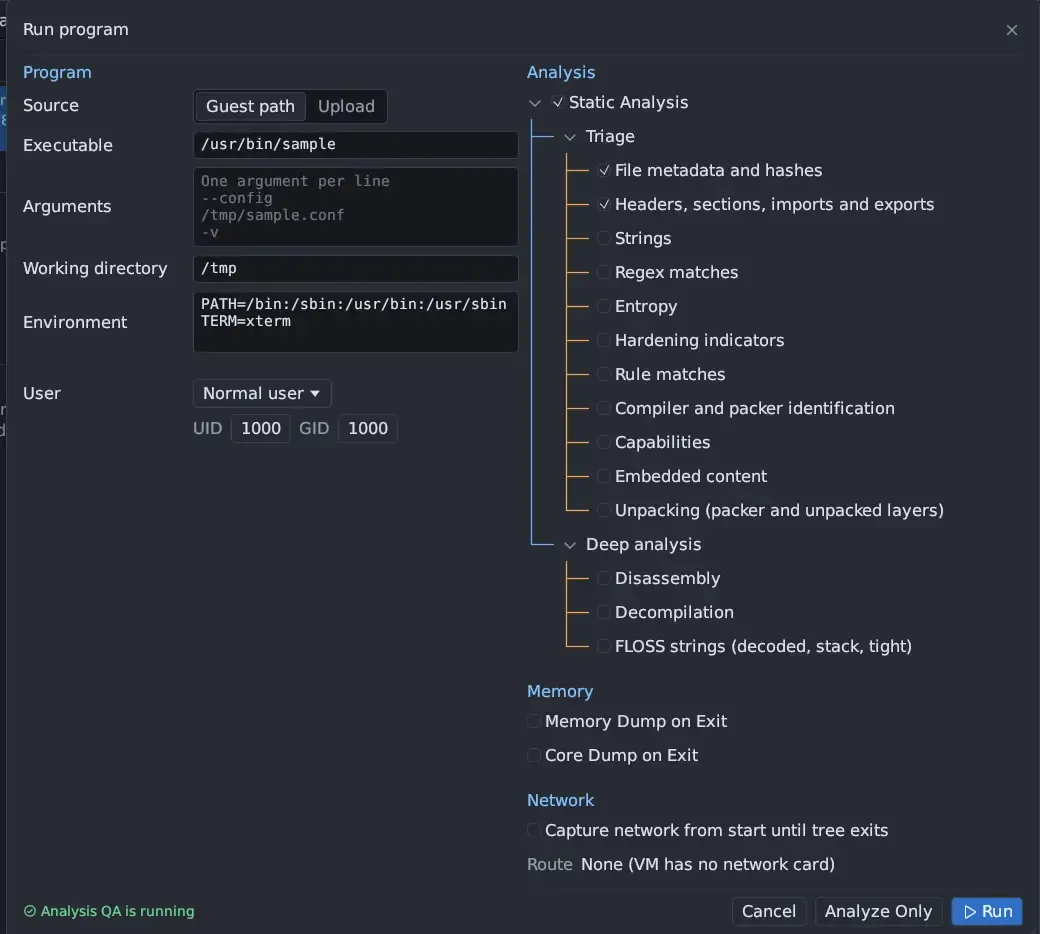 The Run program window with Source Guest path, Executable /usr/bin/sample, arguments, working directory /tmp, environment and Normal user UID 1000; at the right the Analysis tree with Static Analysis, its Triage and Deep analysis categories, Memory Dump on Exit and Core Dump on Exit, and Capture network from start until tree exits with the route; and Cancel, Analyze Only and Run.