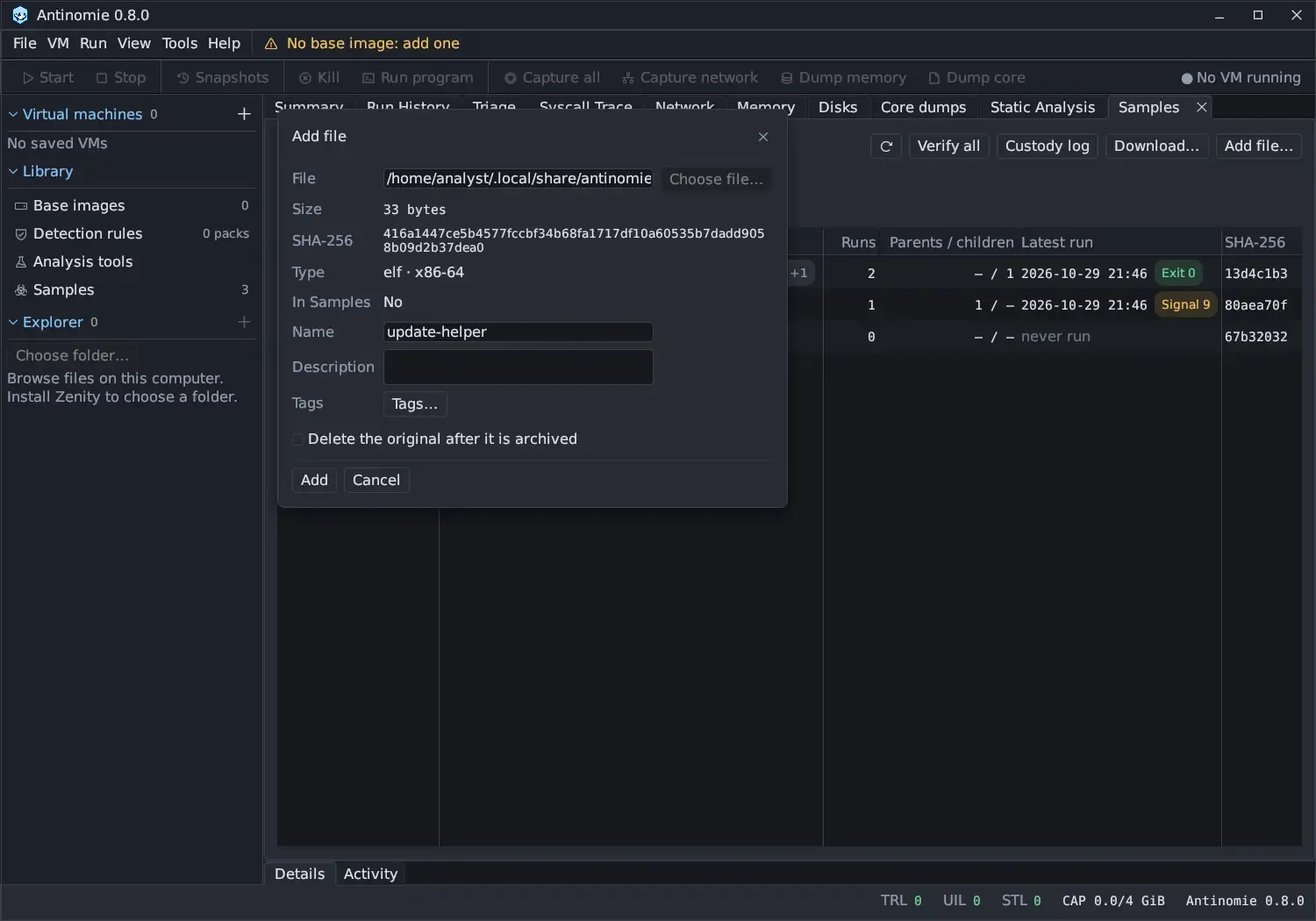 The Add file dialog: File path and Choose file…, Size 33 bytes, the SHA-256, Type elf · x86-64, In Samples No, Name update-helper, Description, Tags…, Delete the original after it is archived, and Add and Cancel.