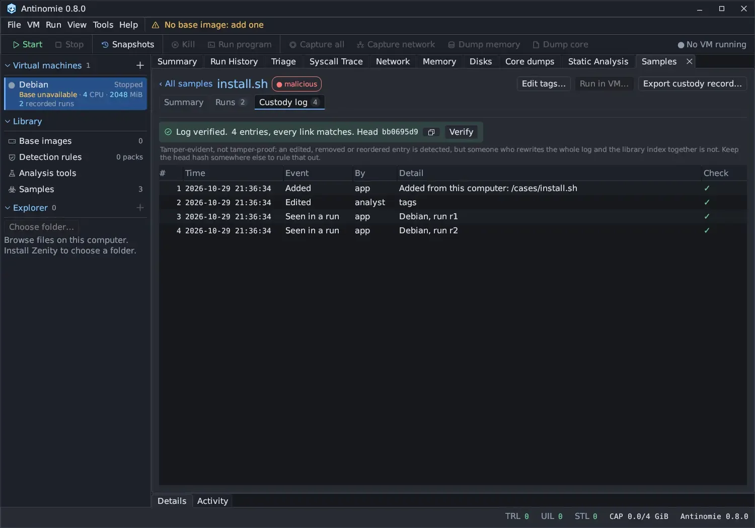 The sample's Custody log tab: Log verified. 4 entries, every link matches, head bb0695d9 with a copy button and Verify, and the entries Added, Edited and two Seen in a run, each checked.
