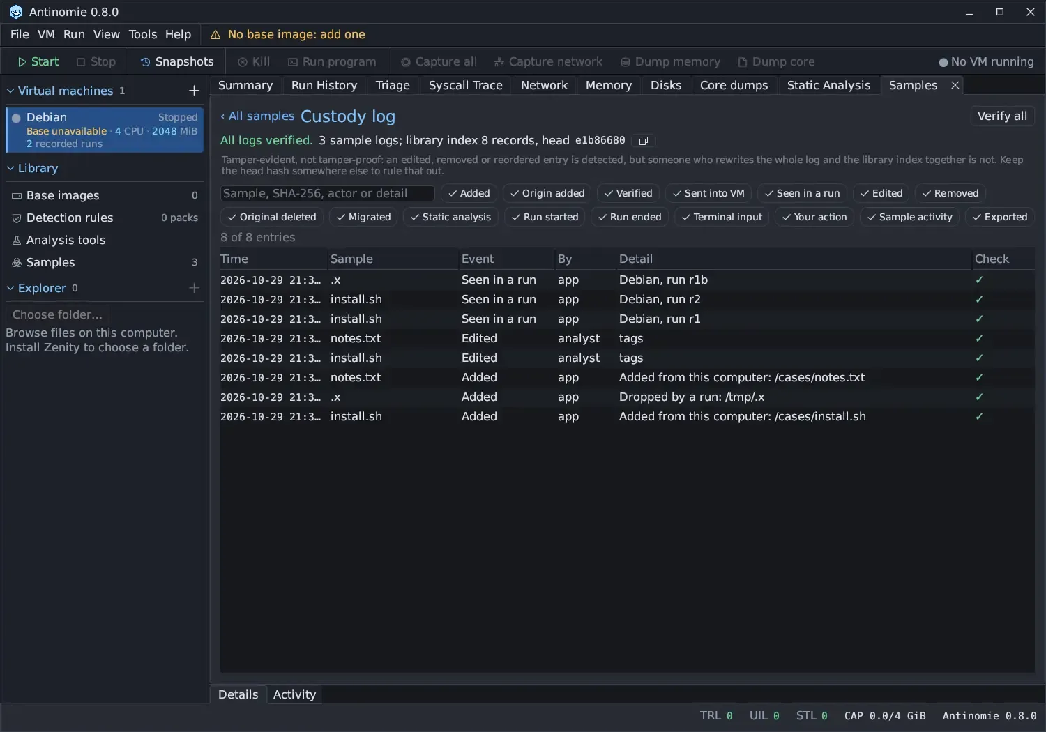 The library-wide Custody log page: All logs verified. 3 sample logs; library index 8 records, head e1b86680 with a copy button; Verify all; the tamper-evident note; a search field Sample, SHA-256, actor or detail; event-kind chips Added, Origin added, Verified, Sent into VM, Seen in a run, Edited, Removed, Original deleted, Migrated, Static analysis, Run started, Run ended, Terminal input, Your action, Sample activity and Exported, all ticked; 8 of 8 entries; and a table with Time, Sample, Event, By, Detail and Check for .x, install.sh and notes.txt.