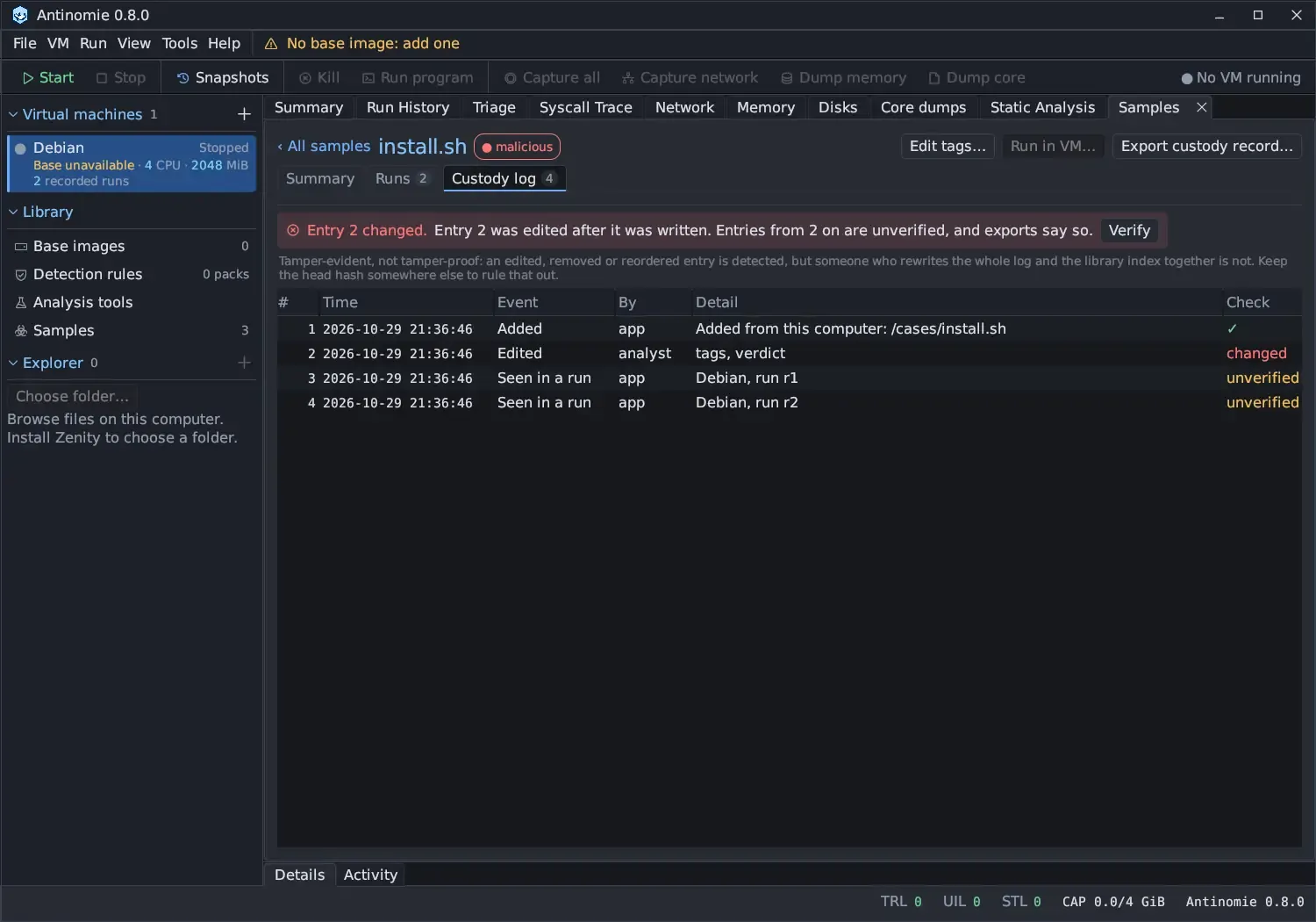 The Custody log tab with a red banner: Entry 2 changed. Entry 2 was edited after it was written. Entries from 2 on are unverified, and exports say so. The table shows entry 1 checked, entry 2 Edited, tags, verdict marked changed, and entries 3 and 4 marked unverified.