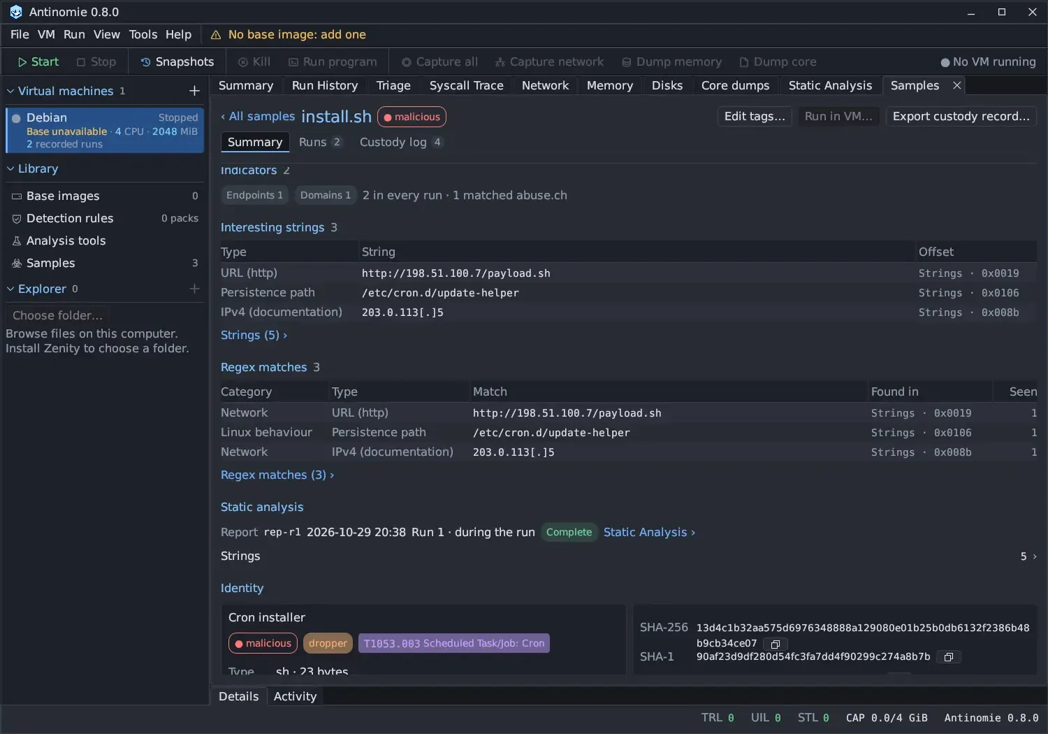 Further down the Summary: Indicators with Endpoints 1 and Domains 1 chips and the note 2 in every run · 1 matched abuse.ch; Interesting strings with a URL, a persistence path /etc/cron.d/update-helper and a defanged IPv4 address with their offsets in Strings; Regex matches with category, type, match, where found and times seen; Static analysis with report rep-r1 from Run 1, during the run, Complete; and the start of Identity with the tags and SHA-256 and SHA-1.