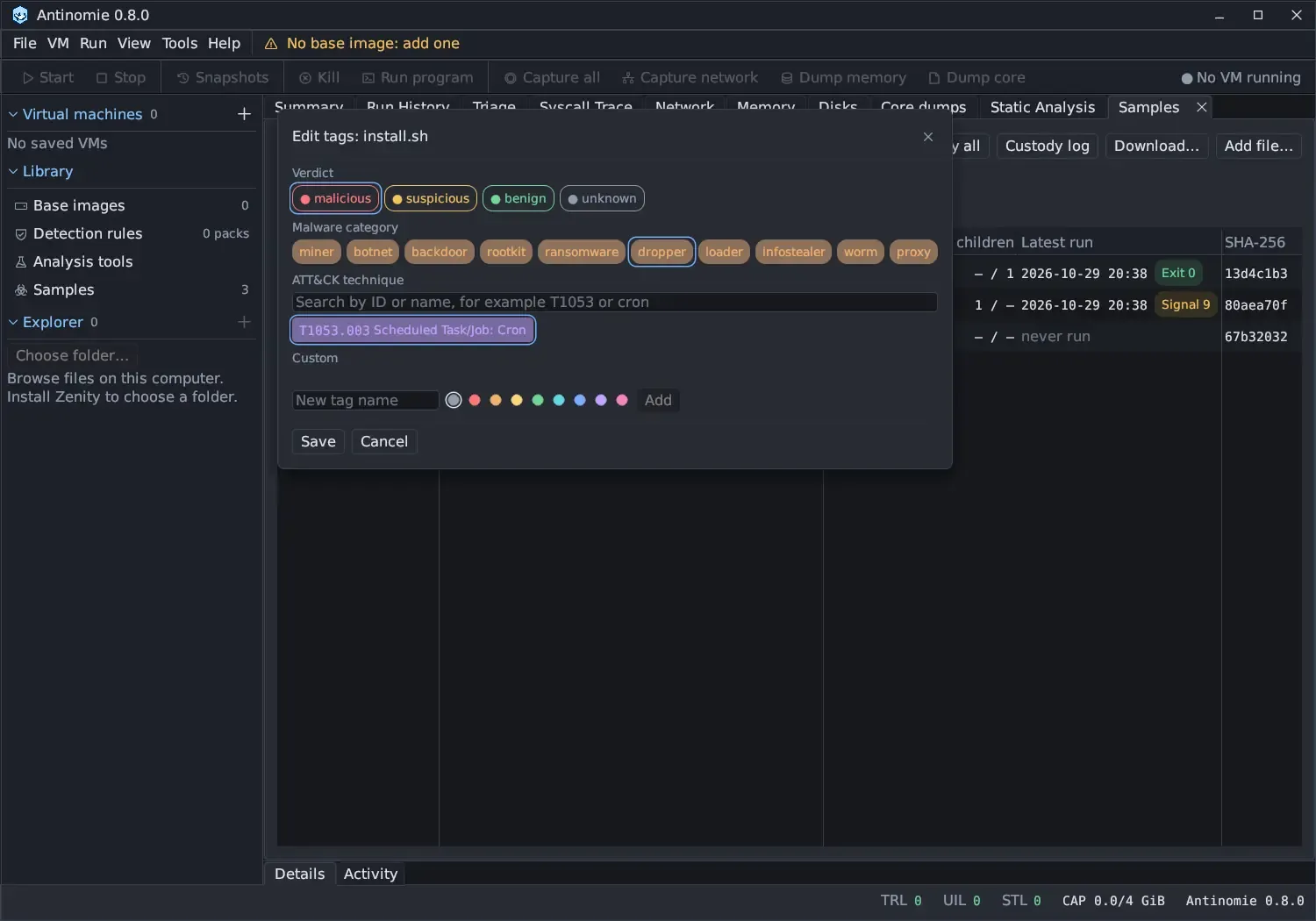 The Edit tags: install.sh dialog with the malicious verdict selected among malicious, suspicious, benign and unknown; malware categories with dropper selected; an ATT&CK search field with T1053.003 Scheduled Task/Job: Cron selected; a Custom row with a New tag name field, nine colour dots and Add; and Save and Cancel.