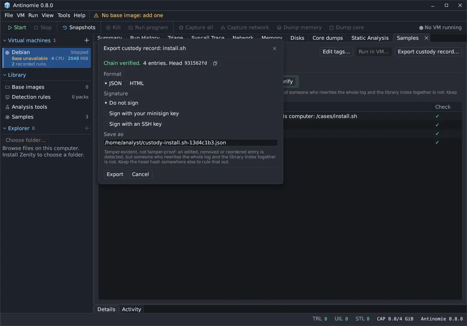 The Export custody record: install.sh dialog: Chain verified. 4 entries. Head 931562fd with a copy button; Format JSON (selected) or HTML; Signature Do not sign (selected), Sign with your minisign key, or Sign with an SSH key; Save as /home/analyst/custody-install.sh-13d4c1b3.json; the tamper-evident note; and Export and Cancel.