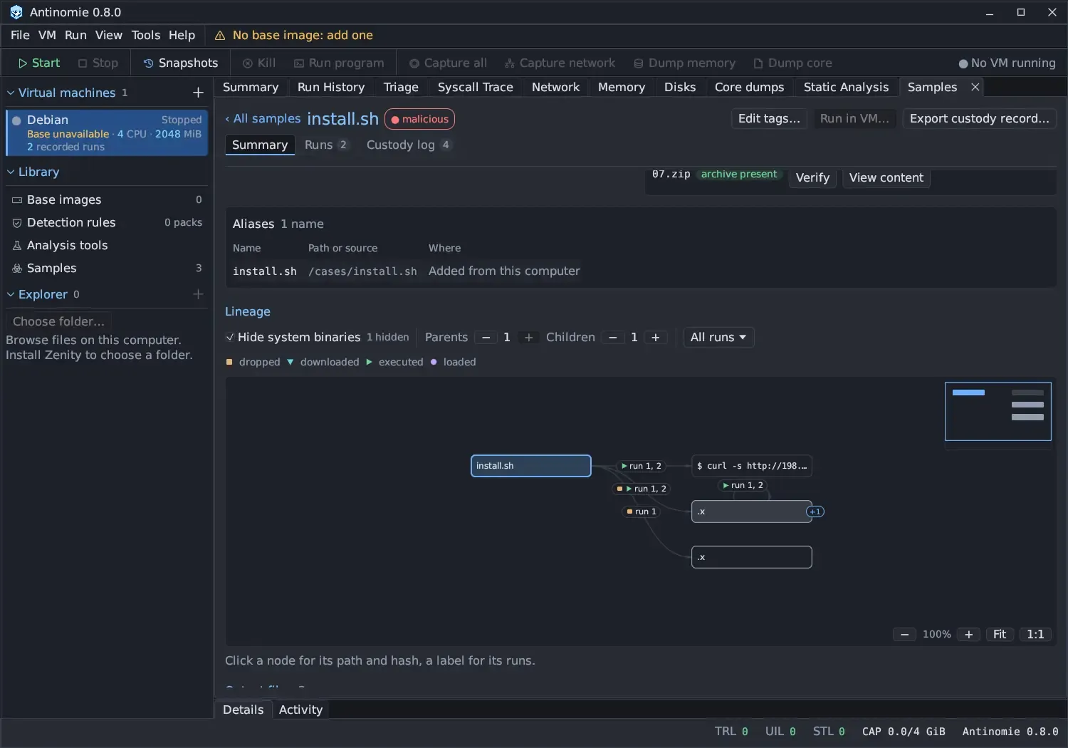The Lineage section: Hide system binaries ticked with 1 hidden, Parents and Children steppers at 1, an All runs menu, a legend for dropped, downloaded, executed and loaded, and a graph with install.sh in the middle, a command node $ curl -s http://198… and two .x nodes on the right joined by edges labelled run 1, 2 and run 1, a +1 badge on one node, a minimap at the top right and zoom controls −, 100 %, +, Fit and 1:1.