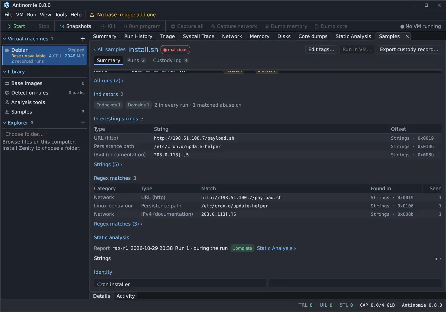 The Summary scrolled to show All runs (2), Indicators, Interesting strings, Regex matches and the Static analysis line: Report rep-r1, 2026-10-29 20:38, Run 1 · during the run, Complete, a Static Analysis link, and a Strings row with 5 results.