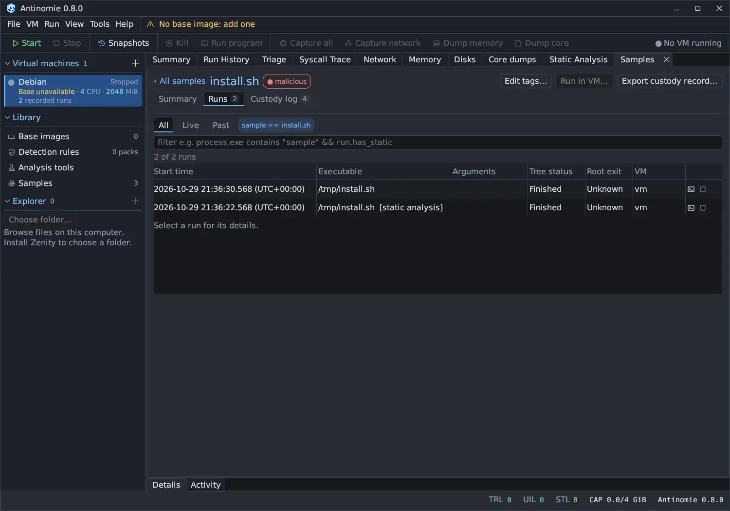 The Runs tab of install.sh: All, Live and Past, a sample == install.sh filter chip, a filter field, 2 of 2 runs, and a table with two runs of /tmp/install.sh, one marked [static analysis], both Finished with root exit Unknown on VM vm, and the hint Select a run for its details.