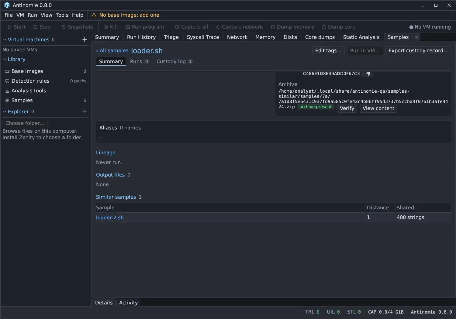 The sample window for loader.sh scrolled to the bottom: the Archive path with archive present, Verify and View content; Aliases with 0 names; Lineage saying Never run; Output files None; and Similar samples with one row, loader-2.sh, at distance 1, sharing 400 strings.