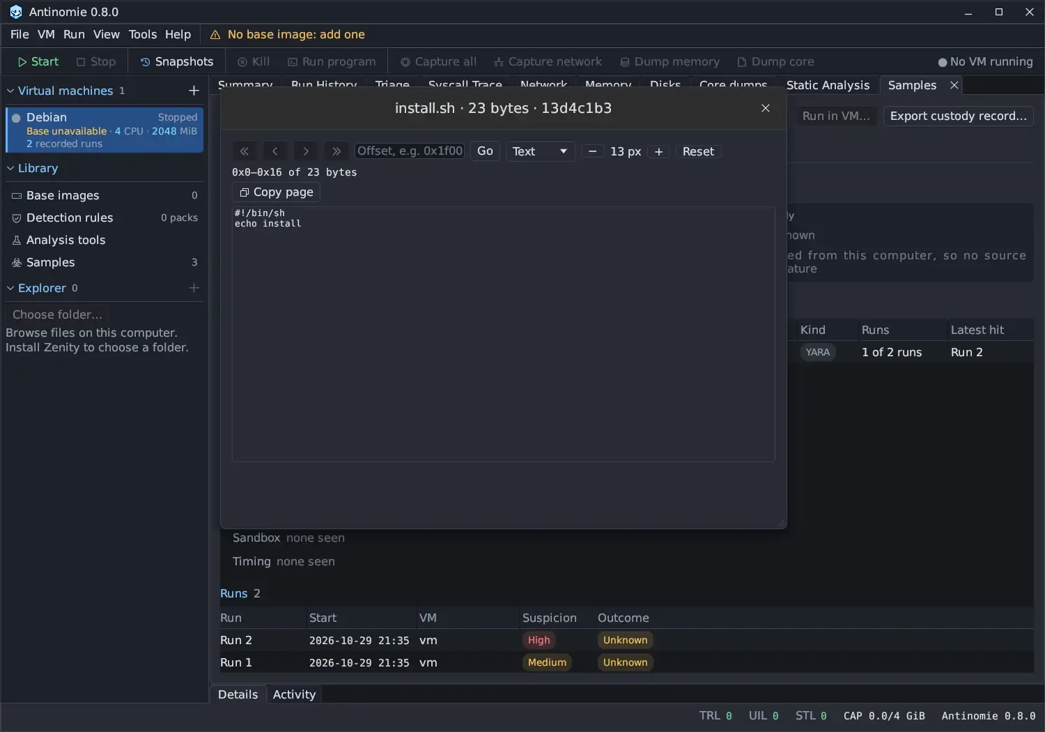 The viewer window titled install.sh · 23 bytes · 13d4c1b3 over the sample window, with first, previous, next and last page buttons, an Offset field and Go, a Text format menu, text size 13 px with − and + and Reset, the range 0x0–0x16 of 23 bytes, Copy page, and the text #!/bin/sh echo install.
