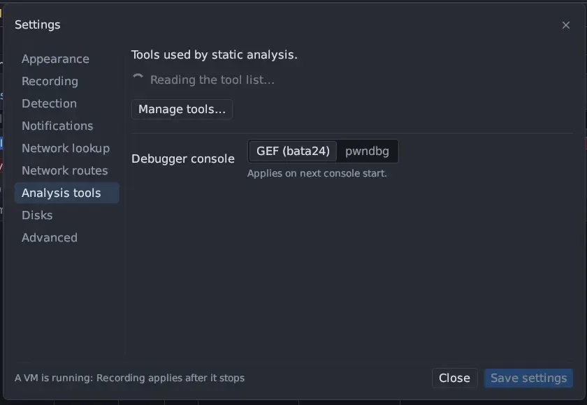 The Settings window on the Analysis tools page: Tools used by static analysis with Manage tools…, and Debugger console with a GEF (bata24) / pwndbg switch and the note Applies on next console start.