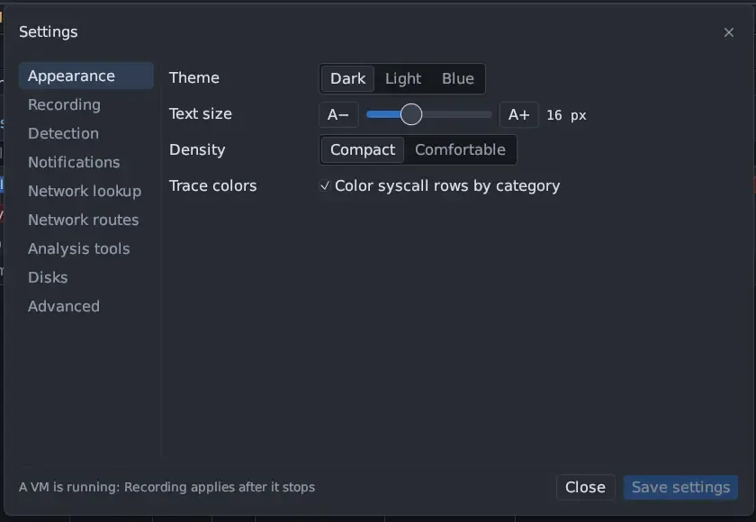 Settings, Appearance page: Theme Dark, Light or Blue with Dark selected, Text size 16 px with A− and A+ buttons, Density Compact or Comfortable, and Color syscall rows by category ticked.