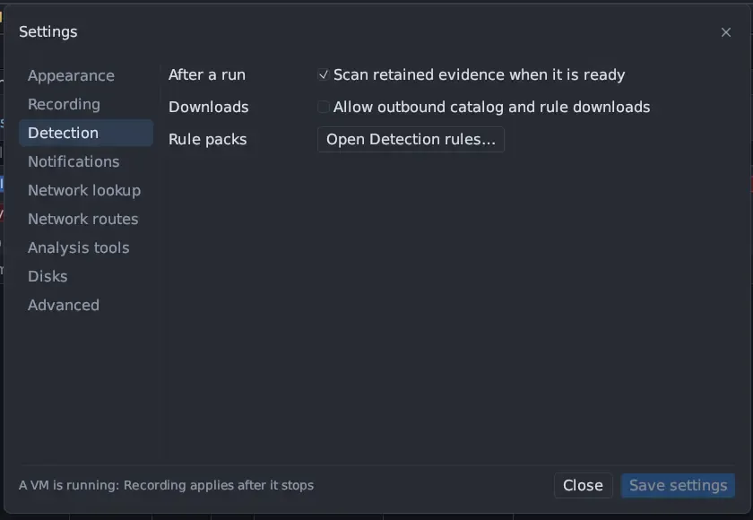 The Settings window on the Detection page: Scan retained evidence when it is ready ticked, Allow outbound catalog and rule downloads unticked, and Open Detection rules….