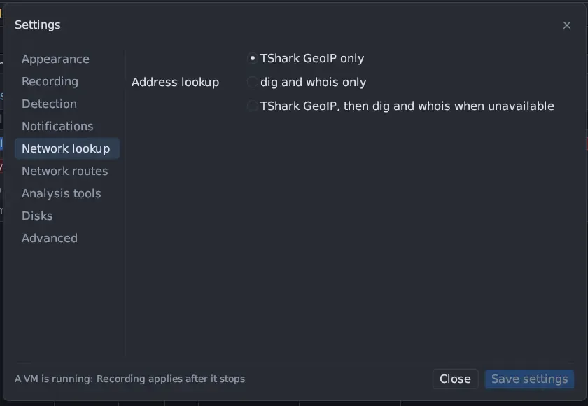 Settings, Network lookup page: Address lookup with three choices, TShark GeoIP only selected, dig and whois only, and TShark GeoIP then dig and whois when unavailable.
