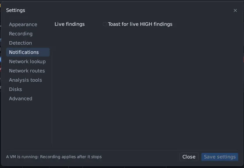 Settings › Notifications with Live findings and an unticked Toast for live HIGH findings checkbox.