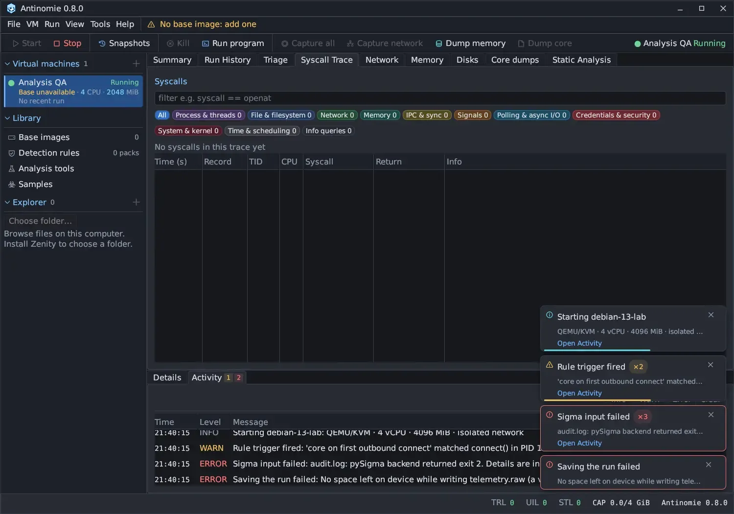 The Activity tab, titled with a warning chip 1 and an error chip 2, listing four rows with time, level and message: INFO Starting debian-13-lab, WARN Rule trigger fired, ERROR Sigma input failed and ERROR Saving the run failed; the same four appear as toasts at the bottom right.