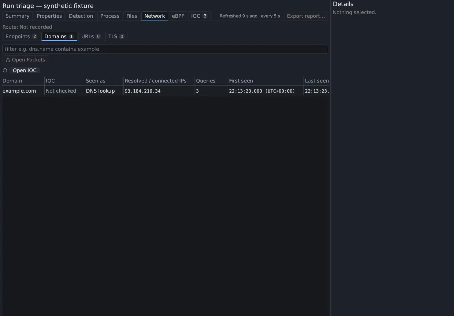 Triage Network tab with the Domains sub-tab selected and a filter box showing the example dns.name contains example. One row: Domain example.com, IOC Not checked, Seen as DNS lookup, Resolved / connected IPs 93.184.216.34, Queries 3, with first and last seen times.