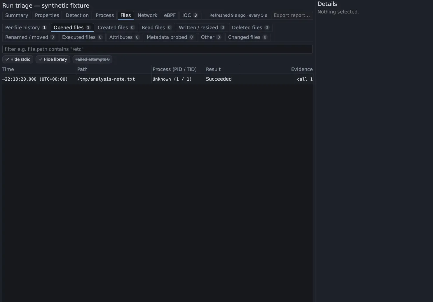 Triage › Files › Opened files: the twelve Files tabs with their counts, starting with Per-file history 1 and Opened files 1, a filter field, the Hide stdio and Hide library chips turned on and Failed attempts 0 turned off, and one row: /tmp/analysis-note.txt opened by an unknown process (1 / 1), Succeeded, evidence call 1.