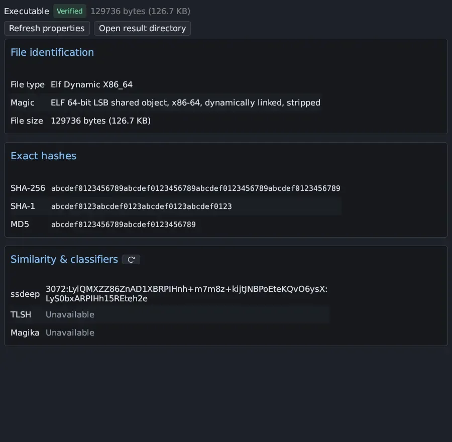 Triage Properties: Executable Verified, 129736 bytes (126.7 KB), Refresh properties and Open result directory; File identification with File type Elf Dynamic X86_64, Magic ELF 64-bit LSB shared object, x86-64, dynamically linked, stripped, and File size; Exact hashes SHA-256, SHA-1 and MD5; Similarity & classifiers with a refresh button, an ssdeep value, and TLSH and Magika Unavailable.