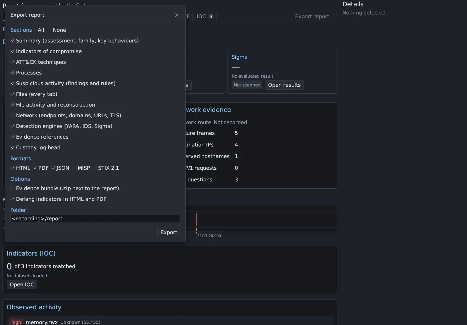 The Export report dialog with its sections, formats, options and the Folder field set to <recording>/report.